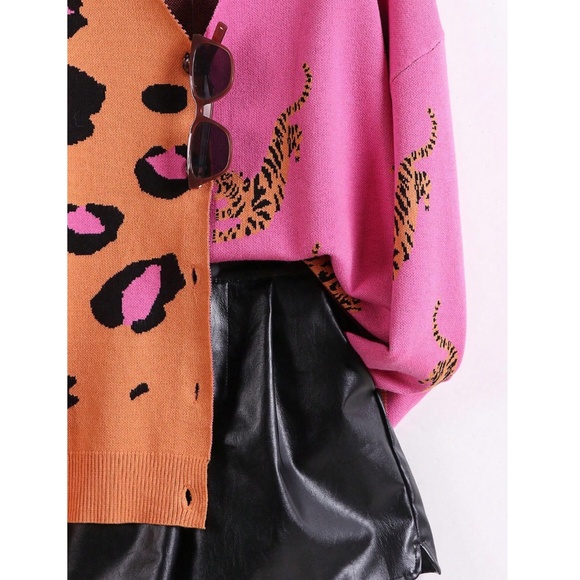 Pink Orange Animal Print Button Down V-Neck Knit Cardigan Stretchy - Picture 4 of 6